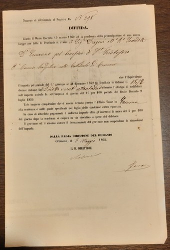 1862 cremona diffida - cremona,